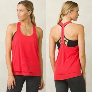 PrAna Tonga Womens Athletic T Back Tank Top Carmine Pink Raw Edge Layered Size M